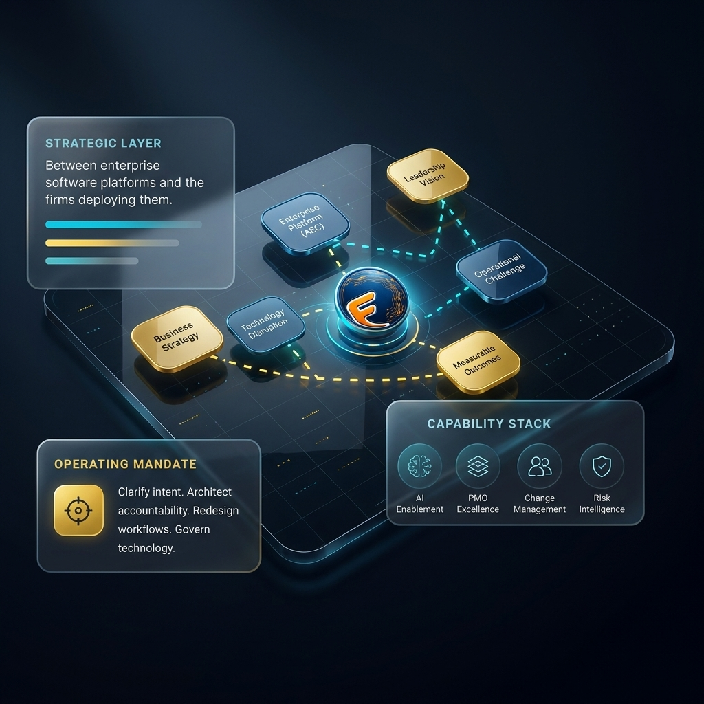 Fractional AECO strategic operating board showing leadership vision, business strategy, operational challenges, technology disruption, measurable outcomes, operating mandate, and capability stack